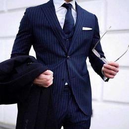 Pinstripe Slim fit Men Suits for Boyfriend 3 piece Business Groom Tuxedo with Peaked Lapel Man Fashion Costume Jacket Vest Pants X0909