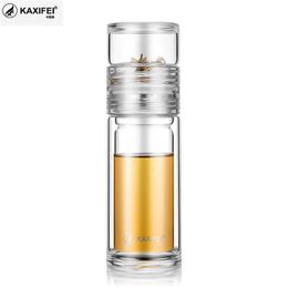 KAXIFEI Business Type Water Bottle Glass Bottle with Stainless Steel Tea Infuser Filter Double Wall Glass items 211013