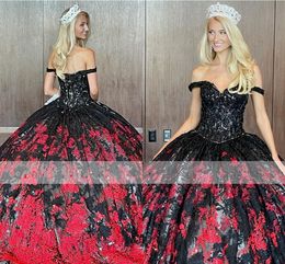 2022 Black Red Lace Quinceanera Dresses Gothic Off The Shoulder Ball Gowns Masquerade Corset Back Plus Size Prom Sweet 16 Dress Adult