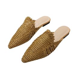 Summer New Style Women Slippers Rattan Knit Casual Sandals Indoor Floor Shoes Home Mules Pointed Toe Flat Shoes Woman