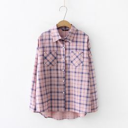 H.SA women plaid blouses shirts Office Wear Conditioner Blouse Shirt Female Outerwear Casual Pocket Loose Tops 210417