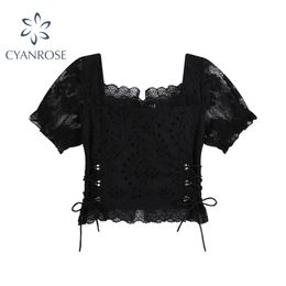 Black Lace Patchwork Goth Blouses Women's Streetwear Square Collar Puff Short Sleeve Shirt Summer Sexy Up Crop Tops 210515