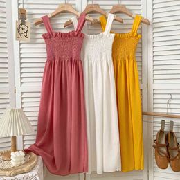 Summer Fashion All-match Solid Color Fungus Side Tube Top Folds and Thin Strap Dress 210507