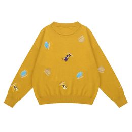 Women Sweater Knitted Yellow Black Purple Pullovers Casual Winter Crew Neck Lovely Cartoon Embroidery M0111 210514