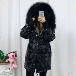 Real Natural Fur Bright Side Down Coat Winter Jacket Women Thicken Medium Long Parka Female Waterproof Duck 210423