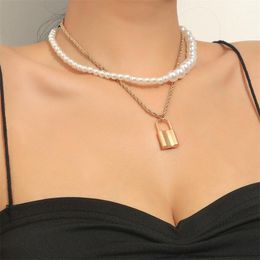 Lock Shaped Twist Pendant Necklaces Women Female Baroque Pearl Beaded Chains Lady Double Layer Party Dress Sweater Clavicle Chain Accessories Gold