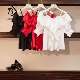 Summer Women's Korean Style Solid Plus Size Blouse V Neck Ruffled Sleeve All Match Elegant Loose Casual Tops T14517X 210419
