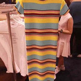 Korobov Korean Summer New Chic Dress Vintage Rainbow Striped Short Sleeve Dresses Streetwear Vestidos 2a640 210430