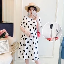 Maternity Dresses 2021 Summer Zipper Nursing Dress With Sashes Short Sleeve O-neck Postpartum Women Breastfeeding Polka Dot