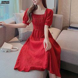 Red Fringe Trim Square Neck Maxi DrWomen Summer Puff Sleeve High Waist Boho Modest Solid Dresses X0621