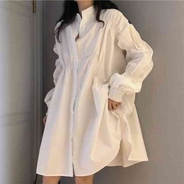 Woman Dresses Stand Lantern Sleeve Asymmetrical White Irregular Loose Leisure Women Korean Casual Mini Robe 210514