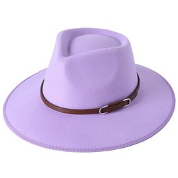 Wide Brim Solid Felt Fedoras Hat for Women Hemming Design Artificial Wool Blend Winter Jazz Cap Panama Church Wedding Hat