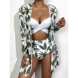 Printed Bandages Bikini Female Swimsuit Women Swimwear Three-pieces High Waist Set With Cover Up Bather Bathing Suit 210520