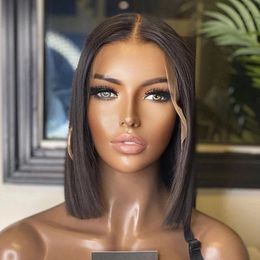 Natural Black Colour Short Cut Bob Wig 180Density Synthetic Hair Lace Front Wig For Women Heat Resistant Fibre Preplucked WigsGlueless