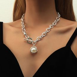 Punk Miami Cuban Chunky Thick Chain Necklace OT Buckle Lariat Big Imitation Pearls Ball Pendant Women Neck Accessories