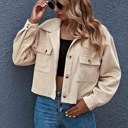 High Street Autumn women jackets Winter Fashion Corduroy Shirt Jacket Women's Pockets Solid ladies coats and jackets 210514