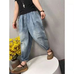 Arrival Spring Korean Style Women Loose Elastic Waist Ankle-length Pants Casual Cotton Denim Harem Jeans W351 210512