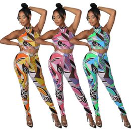 Sexy Streetwear Print Bandage Two Piece Set Outfits Casual Lace Up Crop Top + Leggings Slim 2 Piece Matching Set Clubwear Suits X0709