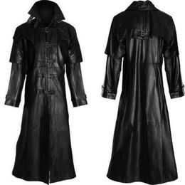 Men's Fashion Gothic jacket Long Coat Leather Coat Faux Leather Jacket Fashion retro banquet men's black Jackets S-5XL 211011