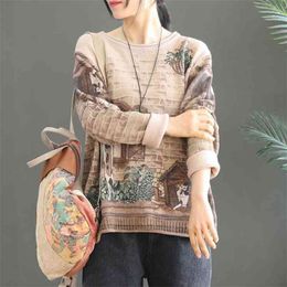 Retro literature and art loose large size printed sweater women autumn style round neck coat jacket tide 210427