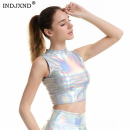 INDJXND Crop Top Women FitnCamis Clubwear Tops Turtleneck Summer SleevelLeather Shiny Metallic Tank Tops Workout Vest X0507