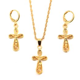 9 k Fine Yellow THAI BAHT G/F Solid Gold Jesus Cross Pendant Necklaces Earrings Sets Women Hieroglyphs Charm Jewellery