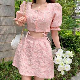 Women's Fashion Two-Piece Sets Sweet Pink Square Collar Puff Sleeve Sexy Short Crop Top + High Waist A-Line Skirts Summer 210519