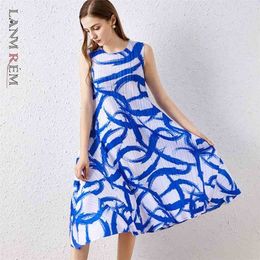 Women's Pleated Round Neck Sleeveless Printing A-line Big Swing Dress Medium Length For Female Loose Summer 2D3933 210526