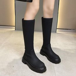 Boots Slim Flat Thigh High Gothic Platform Thick Sole Knee-High Women Shoes Black Winter Long Motorcycle Punk