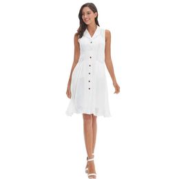 High quality line cotton lady elegant dress button up V-neck sleeveless button long white Summer dress with pocket A0987 210526