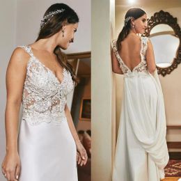 2022 Chiffon Beach Wedding Dresses Bridal Gown Boho Sexy Backless V Neck Lace Applique Sweep Train Pearls Crystal A Line Custom Made vestido de novia