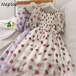 Neploe Bling Sequined Strawberry Print Women Dress High Waist Mesh Patchwork Dresses Sweet Cute Slash Neck Vestidos 210423