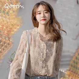 Qooth Printed Small Flowers Chiffon Shirt Women's Spring Summer Floral Long Puff Sleeve Single Breasted Tops QT577 210609