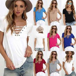 Women Sexy V Neck Hollow Out Top Tees Casual Basic Female T-shirt Plus Size 4XL 5XL Summer Oversize T Shirt For Women Clothing 210401