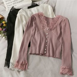 LY VAREY LIN Spring Autumn Women Lace Stitching Sweater Vertical Stripe Thin Slim Bottoming Shirt Short Tops 210526