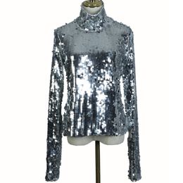 summer And Spring Turtleneck Full Sleeves Sequins Bling Fashion Women Top Female T-shirt WC8391 210421