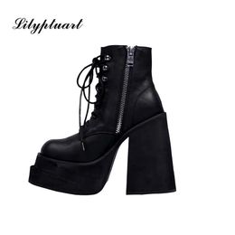 European and American Fashion Round Toe Zipper Women's Shoes Super High Thick Heel Leather Ankle Boots Platform Heels 211105