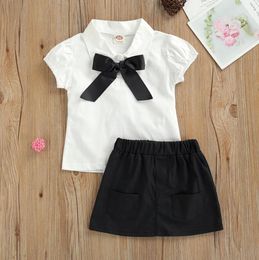 Baby Girl Clothing Sets Tops Pockets Skirt Short Sleeve Lapel Neck Big Bow Buttons Cardigan Solid Colour Half Clothes