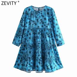 Women Vintage Totem Floral Print Casual Kimono Mini Dress Female Sweet Three Quarter Sleeve Pleats Vestido Dresses DS8293 210420