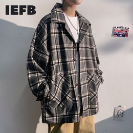 IEFB men's clothing spring Autumn korean trend jackets off shoulder loose single breasted plaid Woollen coat mens 9Y4338 210524