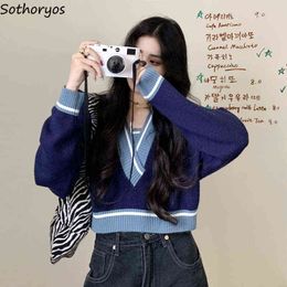 Women V-neck Pullovers Cropped Sweater Patchwork Office Ladies Spring Designer High Quality Jumper Chic Vintage Knitwear Outwear Y1110