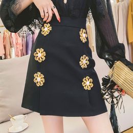 EWQ Vintage Black High Waist Half-body Above Knee Flower Buttons A-line Skirt Women Fashion Spring Summer 2F0323 210510