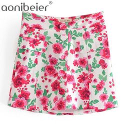 Flowers Print Summer Casual Women High Waist Mini Skirt Fashion Side Zipper Detail Pockets Female Package Hip 210604