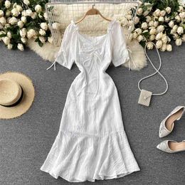 Women Fashion Sexy Sweet Wooden Ear Square Neck Short Sleeve Bow Slim Dress Summer Clothing Harajuku Vestidos De Mujer S753 210527