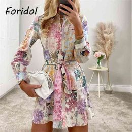 Foridol Button Up Vintage Dress for Women Long Sleeve Spring Autumn Retro French Style Dress Short Robe Femme Vestidos 210415