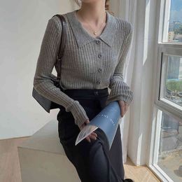 Fashion Solid Sweater Women Knit Cardigans Slim Turn-down Collar Elegant Formal Office Work Long Sleeve Tops 210421