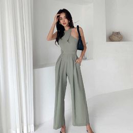 Quality Famous Brand Office Lady Jumpsuits Sleeveless High Waist Elegant Summer Wide Leg Rompers All-Match 210529