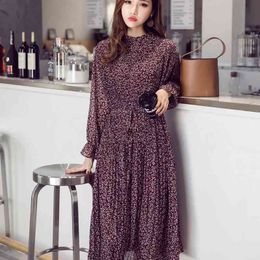 Elegant Losoe Chiffon Bohemian Dress Spring Ruched Dresses Women A-line Floral Print Female Mid-length Vestidos Plus Size 210522