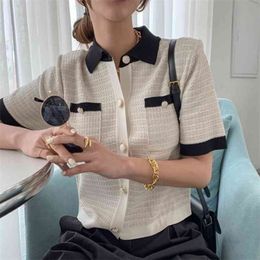 Casual Knitted T Shirt Women Short Sleeve Korean Fashion Turn-down Collar T-shirt Ladies Tops Tees 210519
