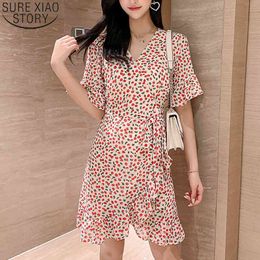 Korean Summer Women Short Sleeve Dress Sexy V Neck Floral Print Chiffon Boho Dresses Sweet Robe Femme 13292 210417